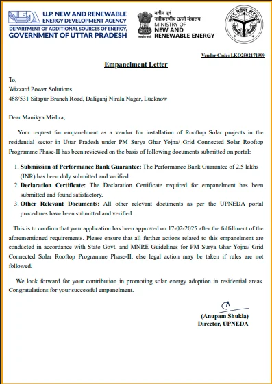 UPNEDA Rooftop Solar Empanelment Letter